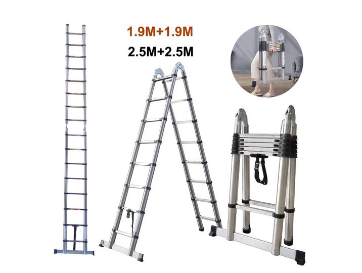 Échelle télescopique en acier inoxydable 3,8 m / 5 m, échelle pliante multifonctionnelle extensible, échelle en A antidérapante