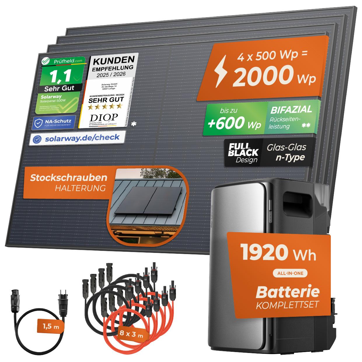 Solarway 2000Wp / 800W Balkonkraftwerk mit 1,92kWh Speicher komplett Steckdose - 1,92 kWh EcoFlow STREAM Ultra