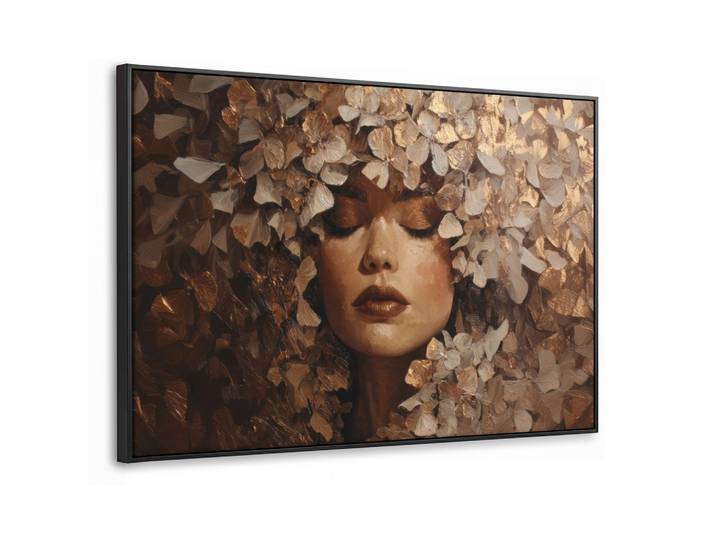 LEINWAND Bilder mit Rahmen - Gesicht - Dame - Blätter - Pinselstriche - 90x60