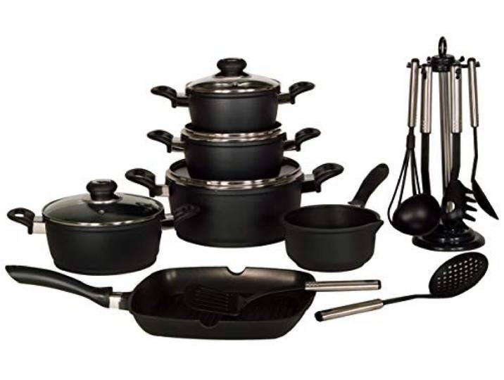 Krüger Aluguss Topfset Schwarz 17-teilig Töpfe, Grillpfanne & Zubehör Antihaft-Versiegelung Backofenfest bis 180°C Für Gas-, Elektro- & Ceranfeld Ideal als erste Küchenausstattung