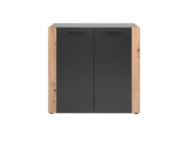 Commode 2 portes 1 étagère 89x34x83 cm noir et chêne - FLOWY