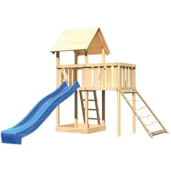 Akubi Kinderspielturm Lotti inkl. Anbauplattform, Rutsche und Netzrampe blau