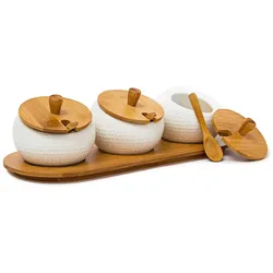 Relaxdays Gewürzhalter JIAO, Keramik/Bambus, HxBxT:8,5x30,5x12cm, Gewürzdosen mit Deckel & Halter, natur