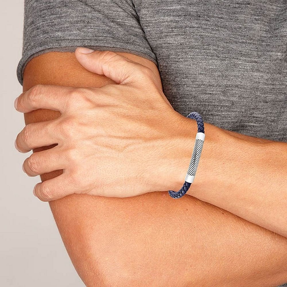 Bracelet Les Haubans En Acier Et Cuir Bleu Homme