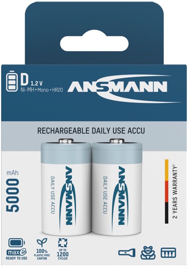 Ansmann Rechargeable Maxe D Batteries NiMH 5000mAh Pack of 2