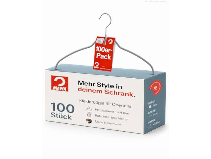 MAWA Kleiderbügel Metall I Oberteilbügel 42 cm I 100 Stk. Platzsparende & rutschfeste Shirtbügel für Kleiderschrank I Formstabile Aufbewahrung gegen Knittern & Falten I in Silber