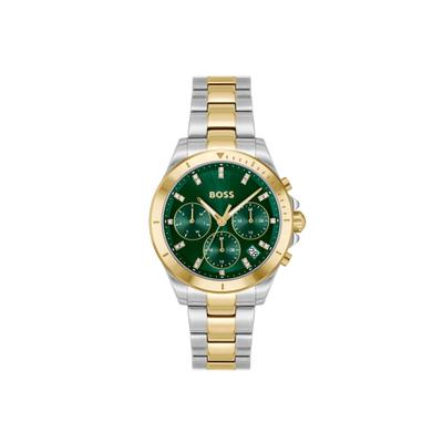 Multifunktionsuhr BOSS "ALLEY", gold (silberfarben, grün, grün), Armbanduhren, Damen, silberfarben, Quarzuhr, Armbanduhr, Damenuhr, Edelstahlarmband, analog, Tag