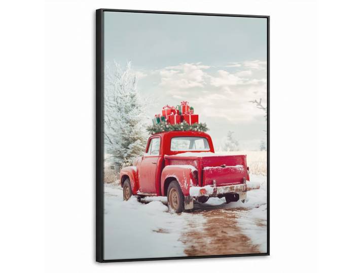 LEINWAND Bilder mit Rahmen - Auto - Rot - Geschenke - Winter - Schnee - Weihnachten - 70x100
