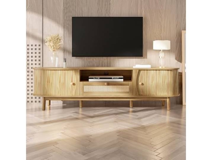 VIIOOIIV TV-Schrank mit 2 Schiebetüre, abgerundete Ecken Lowboard 165 cm lang, Fernsehtisch für Wohnzimmer mit Schublade, Regalen und Schrank, Natürlich (165 * 37 * 46 cm)