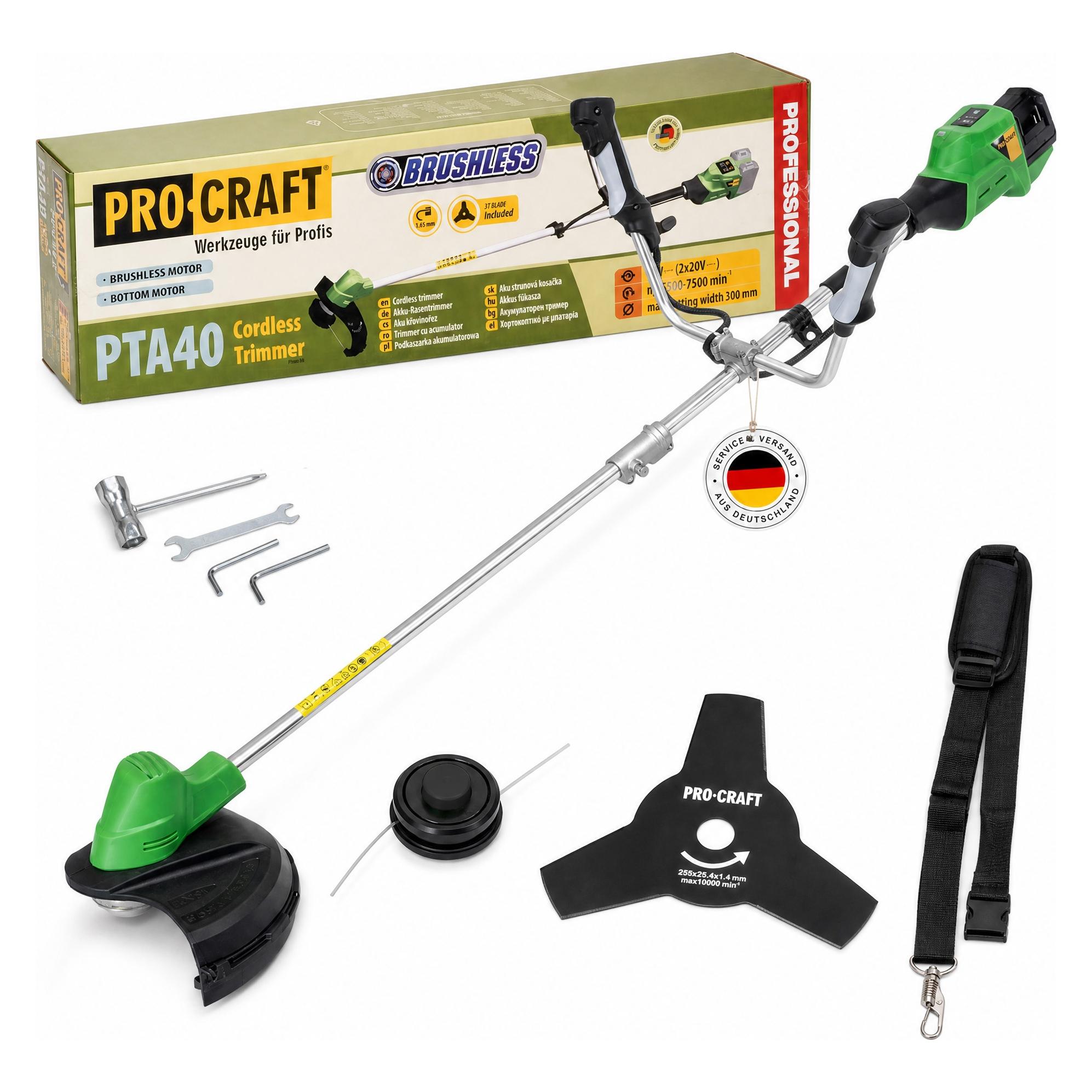 Procraft PTA40 Akku Freischneider 40 V ( 2x 20 V ) 300 mm Brushless Solo - ohne Akku, ohne (Metallschneideblatt, Trimmfaden) (PTA40)