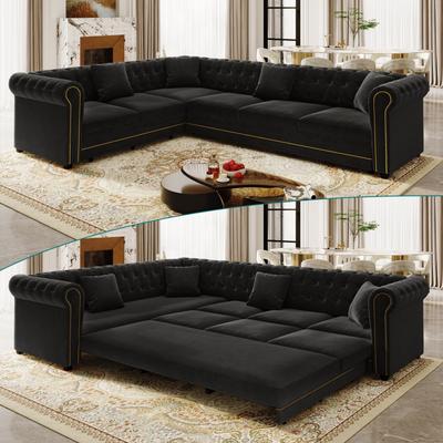 Loedds 115.3-Inch Chesterfield Velvet L-Shaped Pull-Out Sofa Bed with Rolled Arms