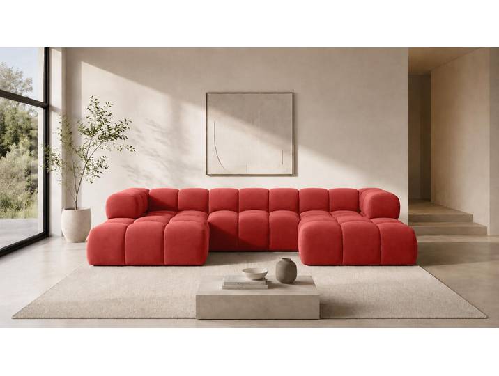 Kaiser Möbel Ecksofa U-Form, Veloursstoff Bluvel, Rotwein, Averro U