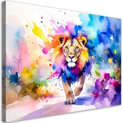 LEINWANDBILD Bunter Löwe im Dschungel Aquarell 90x60cm