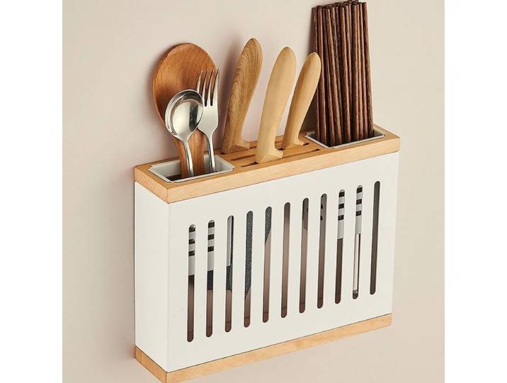 Porte-ustensiles de cuisine en bois, égouttoir multifonctionnel, porte-baguettes, boîte de rangement murale pour couverts, organisateur de couteaux