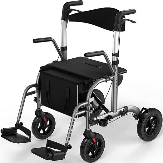 Rollator mit Sitz, 2-in-1 4-Rad Rollator & Transportstuhl, 136 kg Belastbarkeit, 8" Vorder- & 10" Hinterräder aus TPU, Doppelbremssystem, faltbares Design, höhenverstellbar, mit Einkaufstasche - Grau