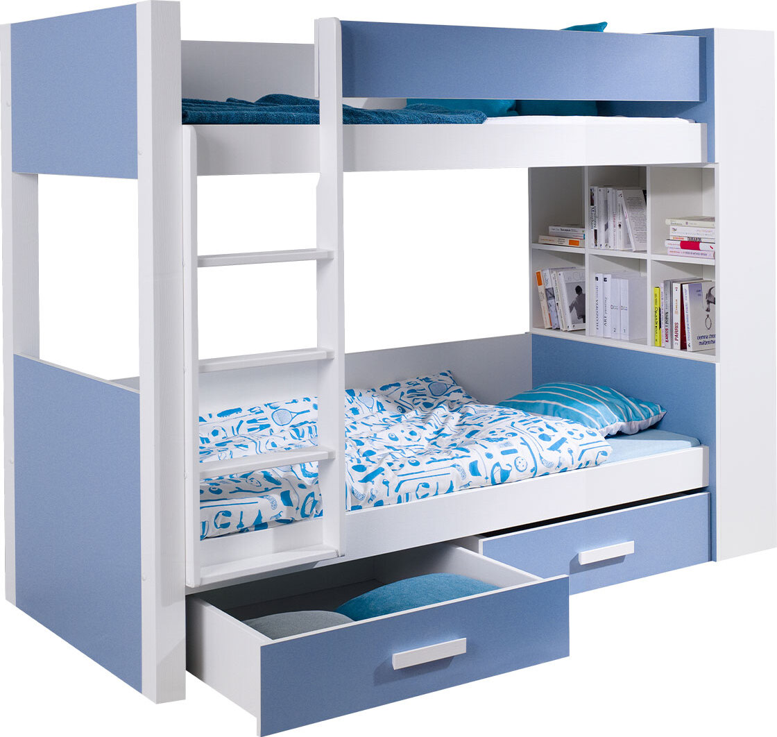 MIRJAN24 Etagenbett Gaspar 90, Jugendbett mit Bettschubladen, Stilvoll Hochbett (Weiß / Blau, Größe: 90x200, Seite: Links)