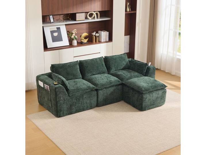 Canapé modulaire 3 places vert foncé en chenille avec pouf assorti
