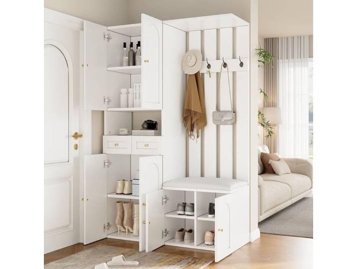 Ensemble de Vestiaire d'Entrée avec Banc à Chaussures 4 Crochets 6 Portes 2 Tiroirs Blanc Meubles de Couloir 110×37×180cm