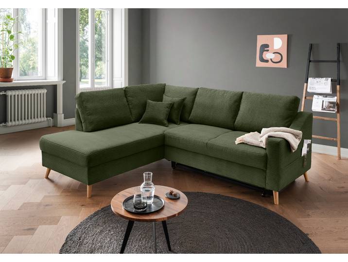 Ecksofa mit Ottomane & Funktion Grün Cordstoff Duana 230 x 94 x 200cm Ottomane davorstehend links mit Schlaffunktion Modern