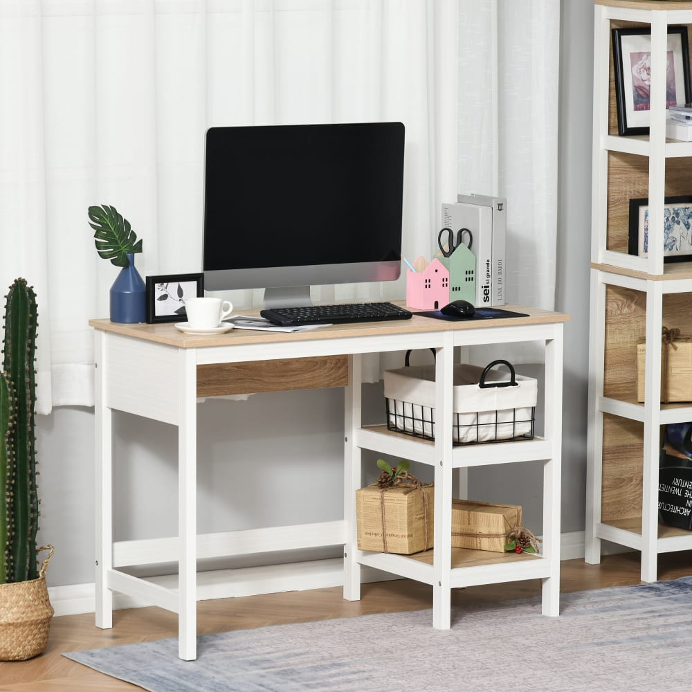 Homcom Bureau informatique multimédia 2 étagères bicolore Beige 110x76x48cm