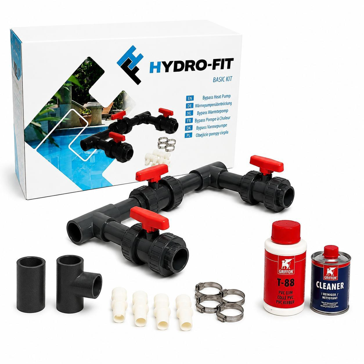 COIL universele bypass-kit voor zwembadwarmtepompen met 3 kogelkranen, PVC 50 mm, Griffon-lijm en reiniger