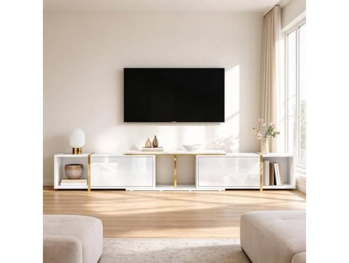 VILUXE TV Lowboard Ausziehbar bis 275 cm Hochglanz Weiß Gold Ausziehbares TV Lowboard mit Hochglanzfront, goldfarbenen Akzenten, offenen Fächern, Stauraum und Kabelmanagement
