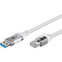 Ethernet-Kabel USB-A 3.2 Gen1 Stecker > RJ-45 Stecker, LAN-Adapter weiß, 2 Meter, geflochtener Textilmantel