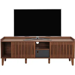 TV-Rack MCW-M48, Lowboard TV-Schrank, Schiebetür 56x150x40cm ~ Walnuss-Optik, Schublade dunkelgrau