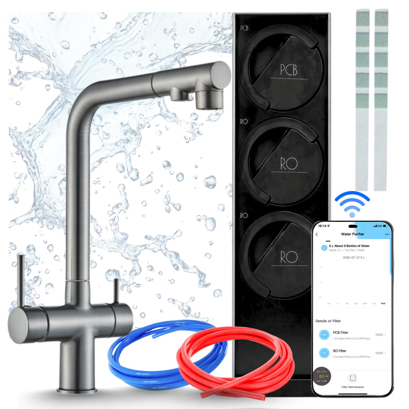 Küchenarmatur Mit Wasserfiltersystem Ari, Umkehrosmoseanlage 800Gpd, Wifi, Zweigriffarmatur, Graphit, Messing, Keramikventil, 360 Grad Schwenkbar