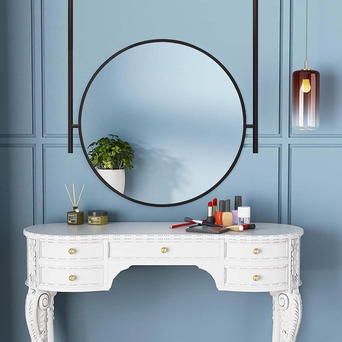 Ronde wandspiegel met zwart metalen frame voor badkamer decoratie, Diameter: 70 cm