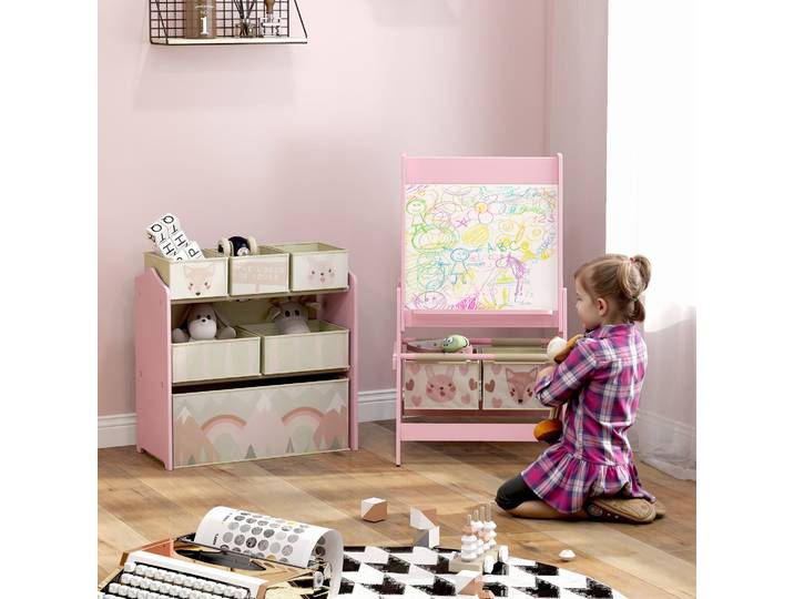 Tableau Chevalet Double-Face avec Rangement 6 Boîtes Rose