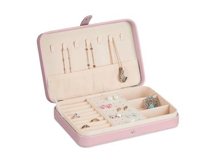 Relaxdays Boîte à bijoux\, système de rangement pratique\, pour bagues et chaînes\, voyages\, HLP 4\,5x21x14\,5 cm\, rose