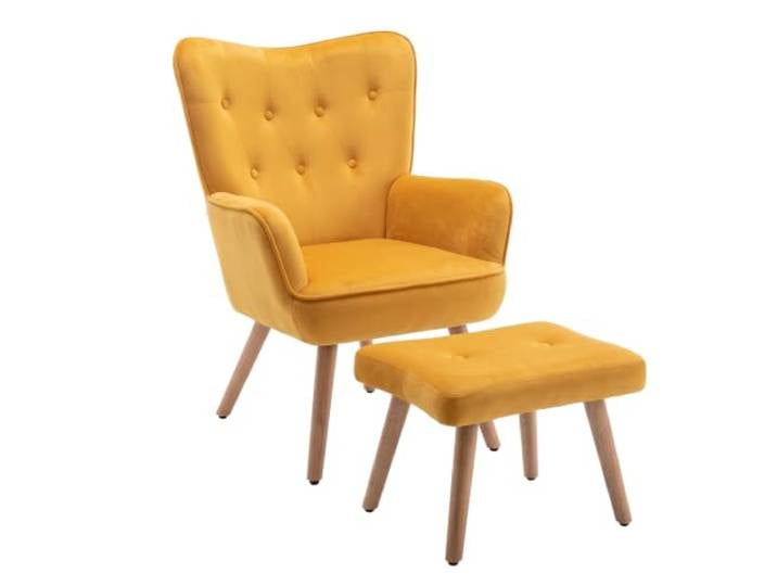 HollyHOME Ohrensessel mit Hocker Sessel mit Hocker Sessel Wohnzimmer & Schlafzimmer Samt Relaxsessel Lesesessel Lounge Sessels Armlehnensessel, Gelb