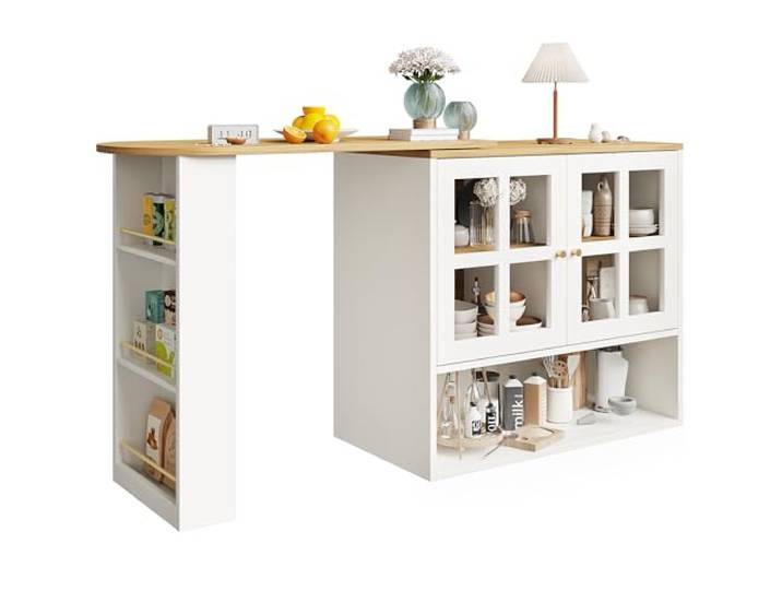 Ropilly weißer drehbarer Stehtisch, ausziehbar 138 bis 204 cm 360° drehbarer Stehtisch aus MDF mit Glastüren und 5 Ablageflächen