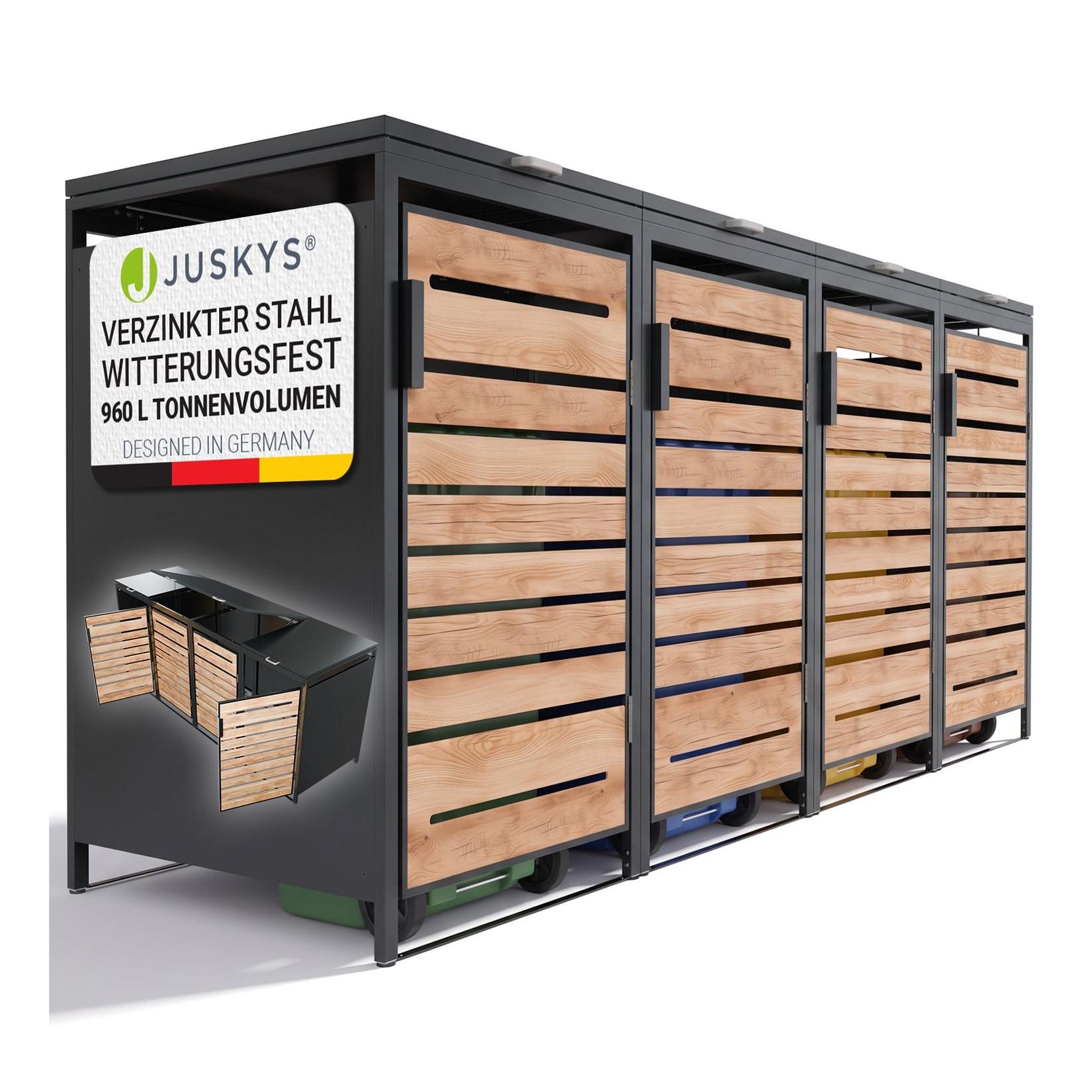 JUSKYS® Mülltonnenbox Arel 4er - Metall Gartenbox für Mülltonnen - Aufbewahrungsbox Anthrazit in Holzoptik