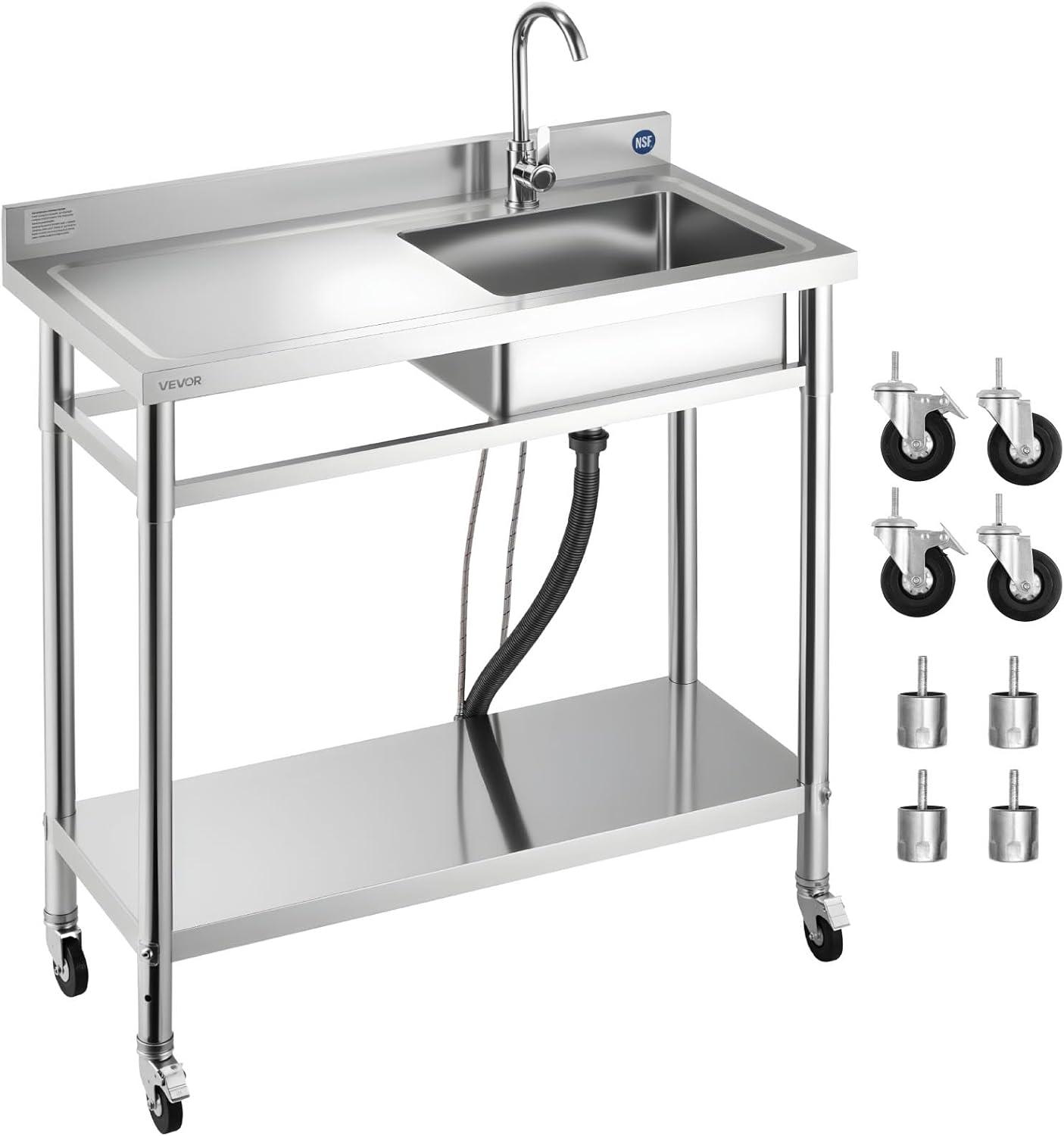 Edelstahl Spültisch mit Wasserhahn und Rädern (1000 x 500 x 1055 mm), Einzelbecken für Küche, Garage, Restaurant und Wäscherei