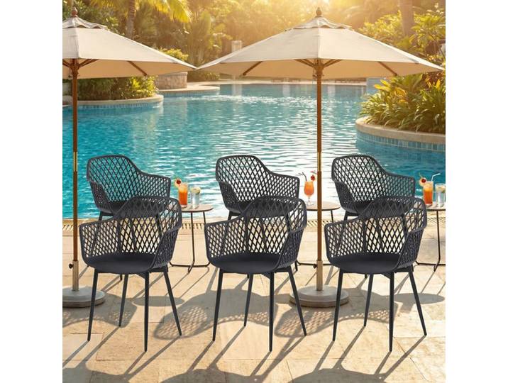EGGREE Chaise de Jardin Exterieur Lot de 6 Chaise Plastique avec Accoudoir et Pied en Métal Dossier à Design Ajouré Noir