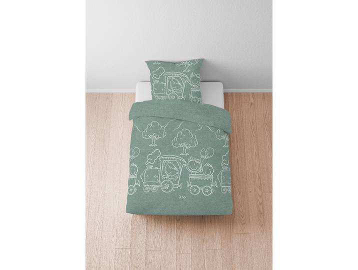 Linge de lit locomotive 135 x 200 cm + oreiller 80 x 80 cm Vert/Vert