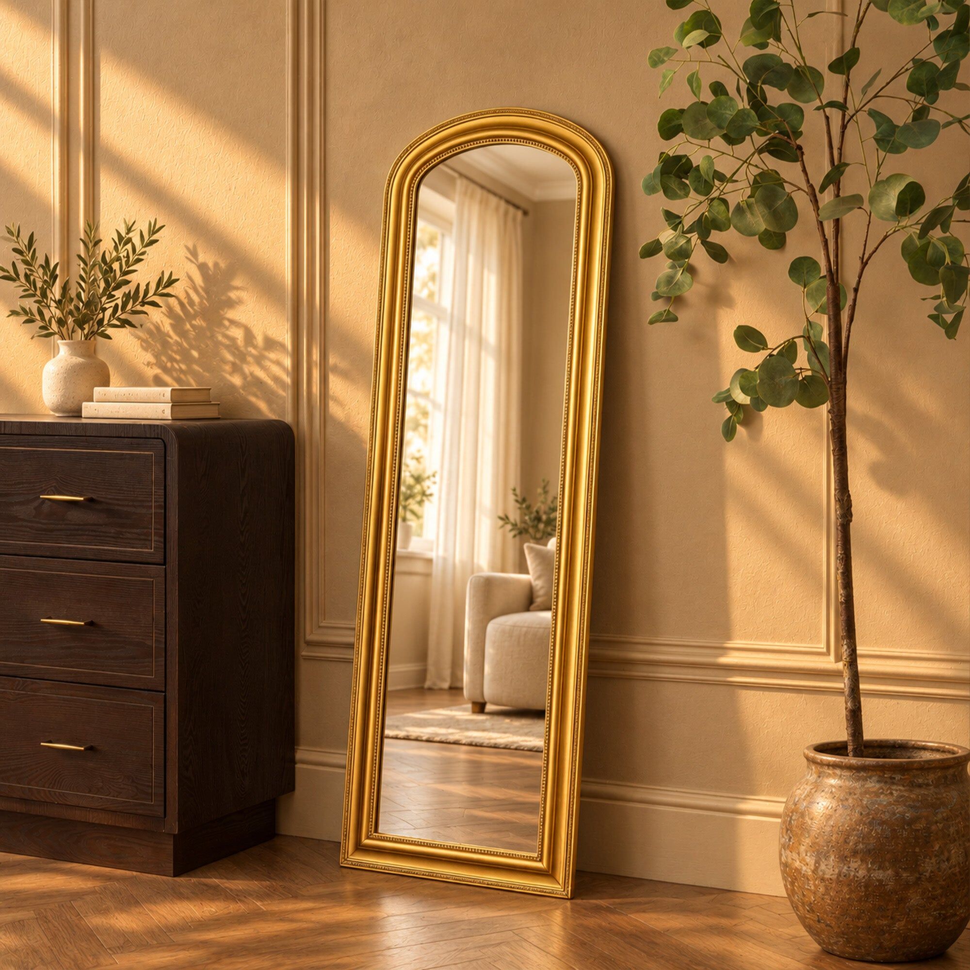 Large Arched Antique Gold Leaner & Wall Mirror - 47cm x 142cm Glass, Metal, Wood