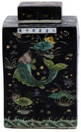 Legend of ASIA 12 in H Black Square Tea Jar Fish Motif Porcelain