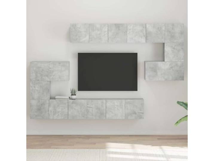 HEFZGDB 10-TLG. TV-Schrank-Set Betongrau Holzwerkstoff Moderner Wandschrank mit großem Stauraum für Wohnzimmer Aufbewahrung