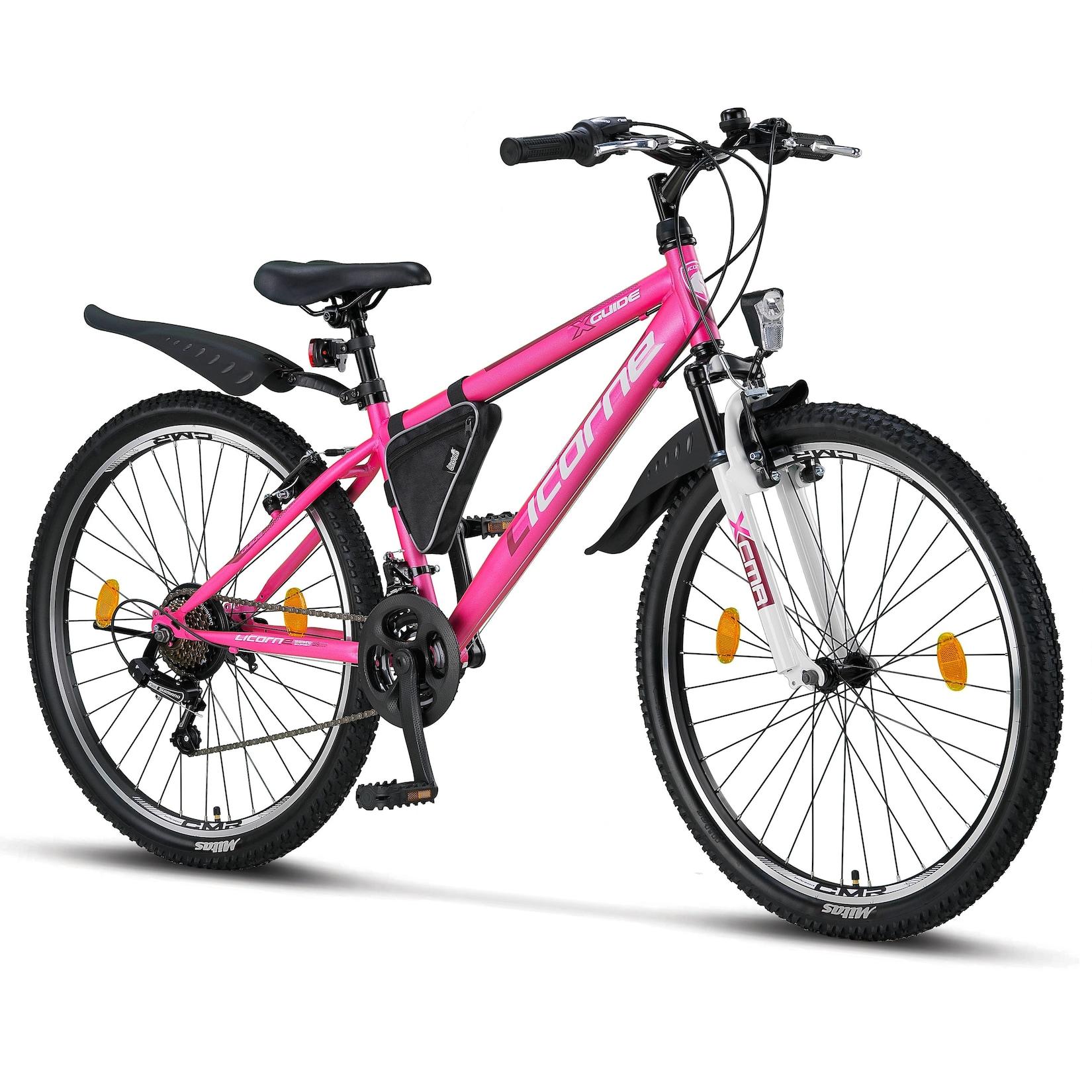 Licorne Bike Guide Premium Mountainbike in 20, 24 und 26 Zoll - Fahrrad für Mädchen, Jungen, Herren und Damen - Shimano 21 Gang-Schaltung, Kinderfahrrad, Kinder Farbe:Rosa/Weiß;Zoll:26