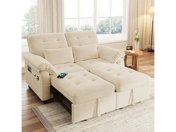 BTM 2-Sitzer Schlafsofa mit Verstellbarer Rückenlehne, Sofabett mit USB‑Ladeanschluss Schlafcouch Ausziehbar Beige