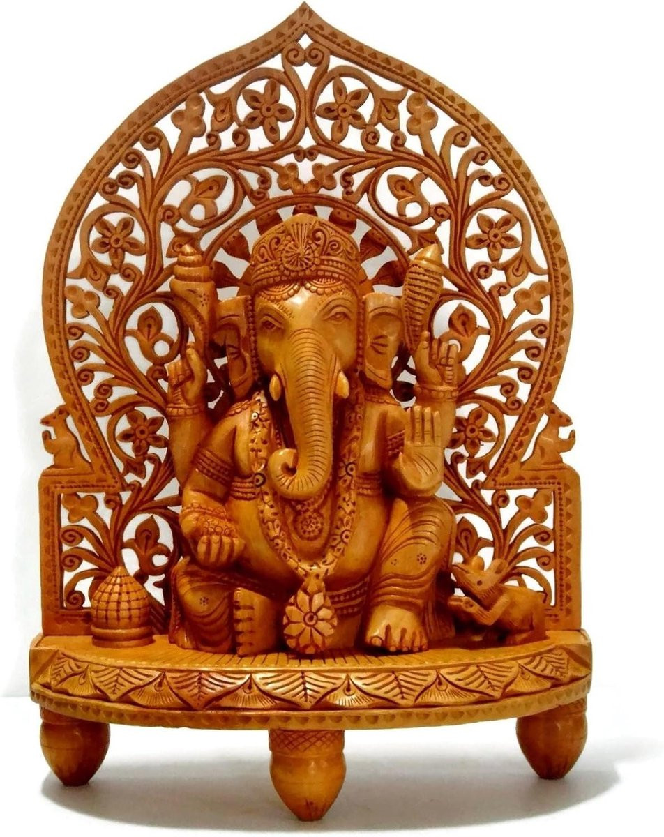 Grote Houten Ganesh - Handgesneden Olifant Godheid Beeldje - Bruin - Hoogte: 30 cm