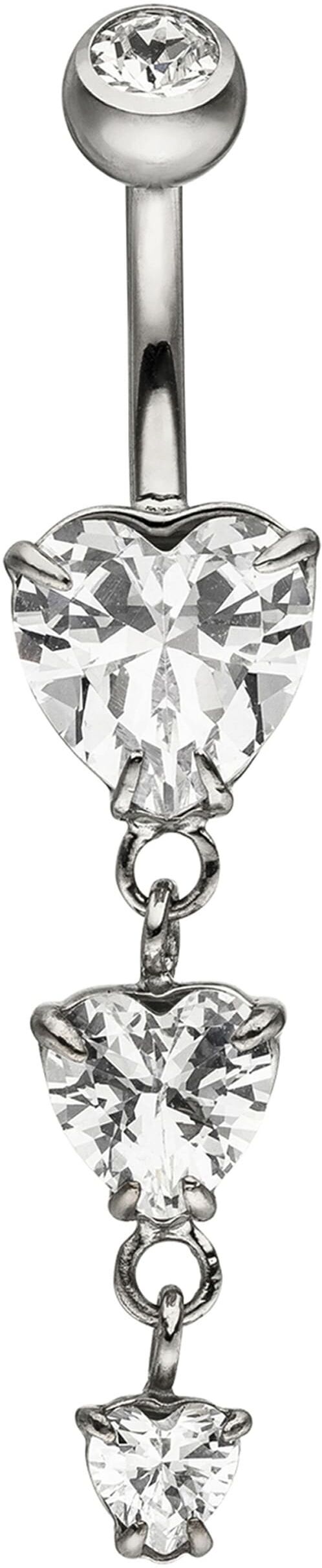 Bauchnabelpiercing JOBO "Herzen", silber (edelstahlfarben, weiß), Piercings, Damen, Edelstahl, Edelstahl mit 4 Zirkonia