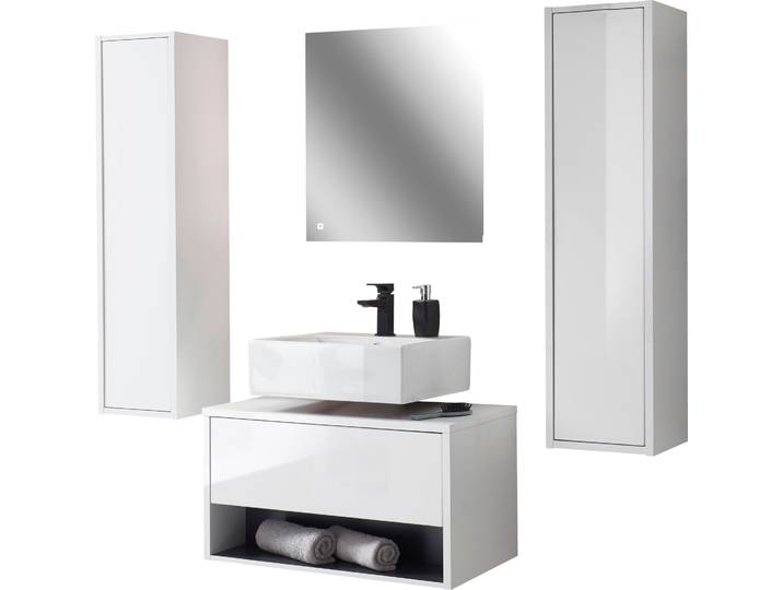 Badmöbel-Set HOME AFFAIRE Studio Line, Bad im modernen Design, 4-teiliges Badezimmer , weiss (weiß, weiß, applikation anthrazit), Kastenmöbel-Sets, Badmöbel-Set, Schrank, Unterschrank und Spiegel, in zwei Farben verfügbar, Stauraum
