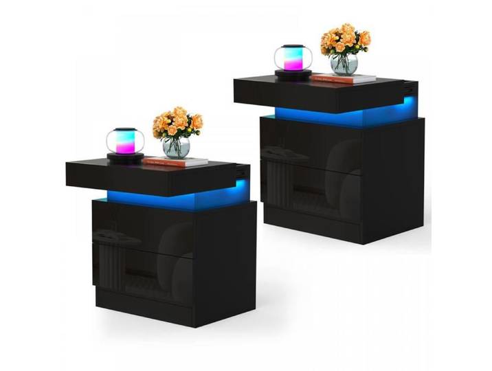 Table de Chevet Noire LVHCMFOHM Lot de 2 Avec LED/Tiroir Coulissant Supérieur 2 Tiroirs 40x35x52cm Style Moderne