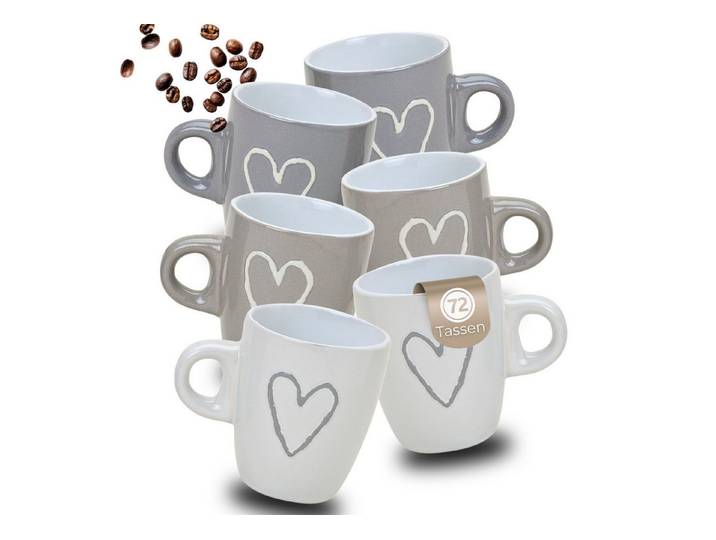 matches21 HOME & HOBBY Tasse Espresso-Tassen Herz-Dekor 72 Stk. dickwandige Keramik, 50 ml, 72-tlg., Keramik, Kleine Landhaus-Stil Vintage Henkel Herz Kaffee-Tassen