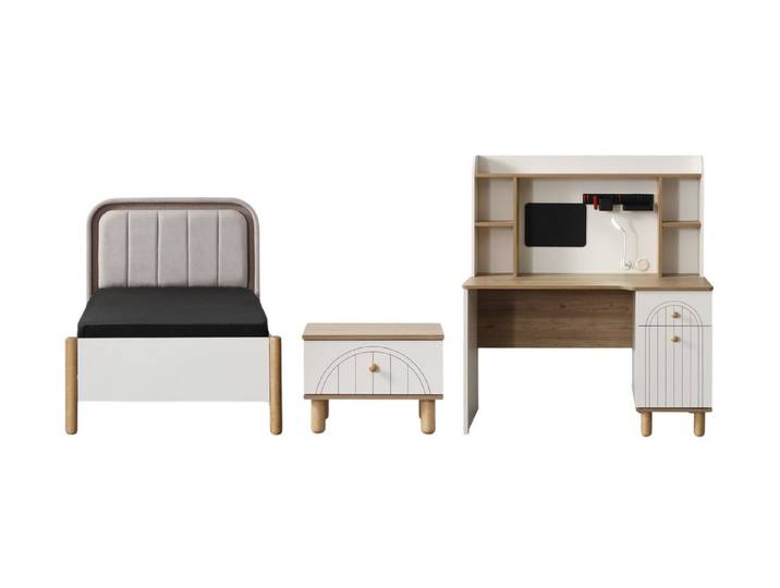 Villa Möbel Jugendzimmer-Set Antalya, (Jugendzimmer-Set, 3-tlg., Bett mit Kopfteil, 1 x Nachttisch und Schreibtisch), Bett Schrank Kommode mit Spiegel Stauraum und warmen Details
