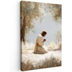 LEINWANDBILD Jesus - Kniend - Waldlandschaft - Betend Deko Groß 90x140 cm